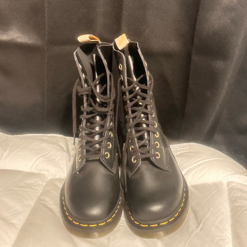 Doc Martins Size 6 Black Lace-Up Boots with Yellow Stitching